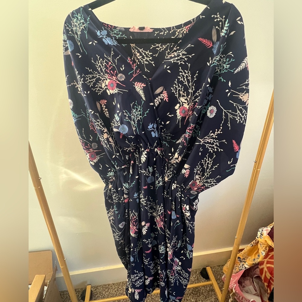 Floral Navy Cinched V neck Midi Cover Up / Dress